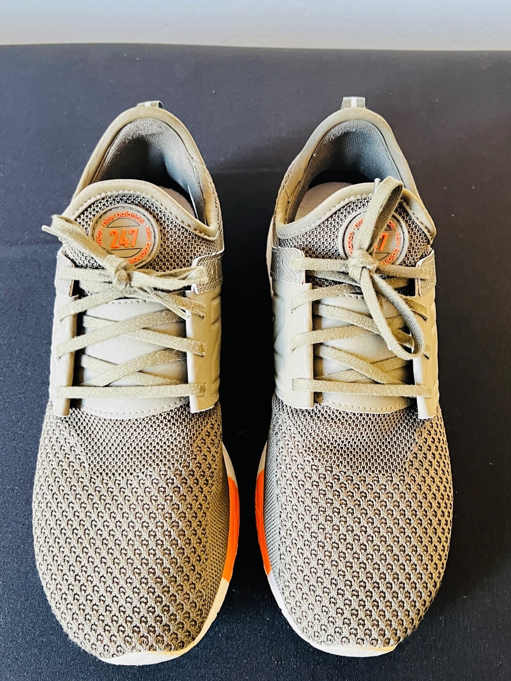 New Balance 247 Olive Green Mesh Sneakers with Orange Accent